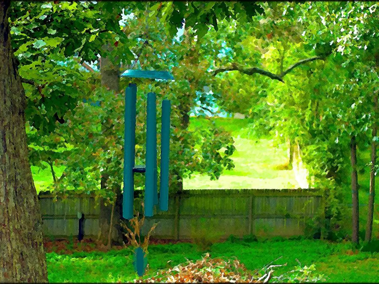 In this edited image, we can see some trees. There is a decor in the middle of the image. There is...