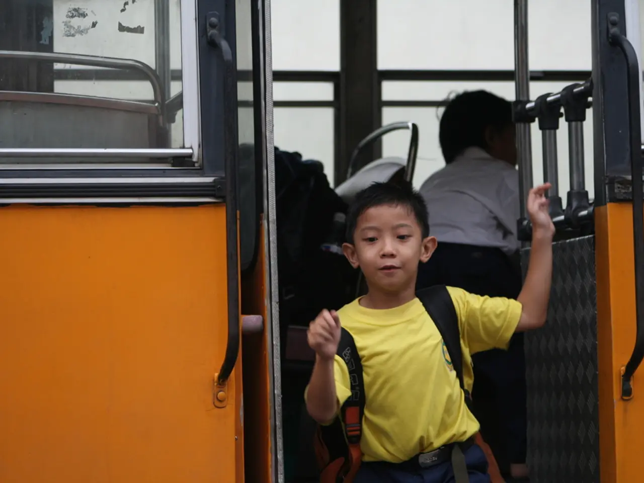 In this image there is a boy getting down from the bus behind him there is another boy standing.