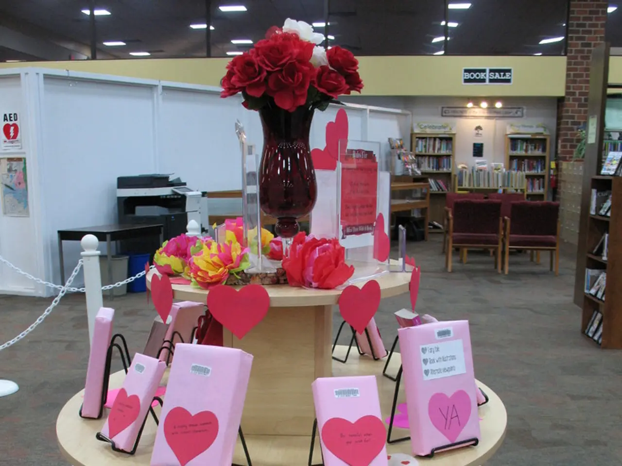This picture shows a flower vase, flowers and some cards on the table. In the background we can...