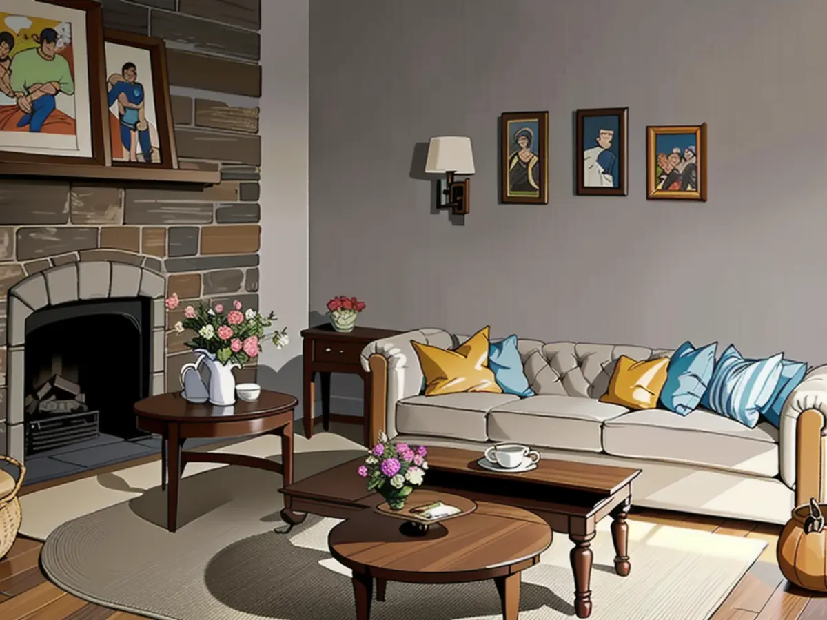 Modest living space featuring a stone hearth, cushioned white armchairs, dramatic wicker accents, and a circular table upon a rustic carpet. Simplistic artwork graces the walls. Snug lounge boasting a stone hearth, cushioned white sofas, woven accents, and a circular table on a textured carpet. Simplistic artwork adorns the wall.