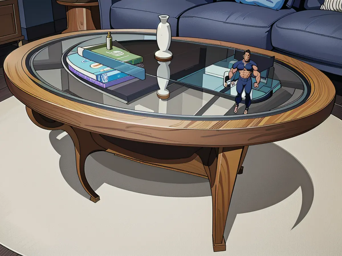 Modern living room showcases a glass-top coffee table, adorned with a wood spiral base, a glanced-through magazine, a vase, and a filled glass. The entire setup rests elegantly atop a plush rug. Modern abode adorned with a spiral wood base coffee table, sheltering a magazine, vase, and a glass. Undoubtedly the centerpiece in the plush-rug-cushioned contemporary living space.