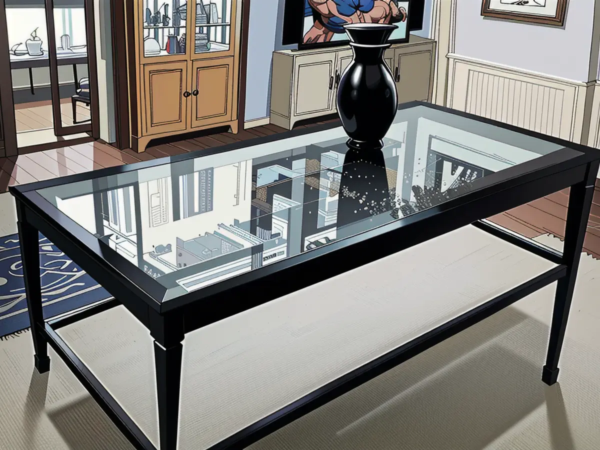 Modern living room showcases a sleek glass-top coffee table, complemented by a black metal frame, and adorned with both black and white vases. Modern living room showcases a sleek glass-top coffee table with a black metal frame, accessorized by a striking black and white vase.