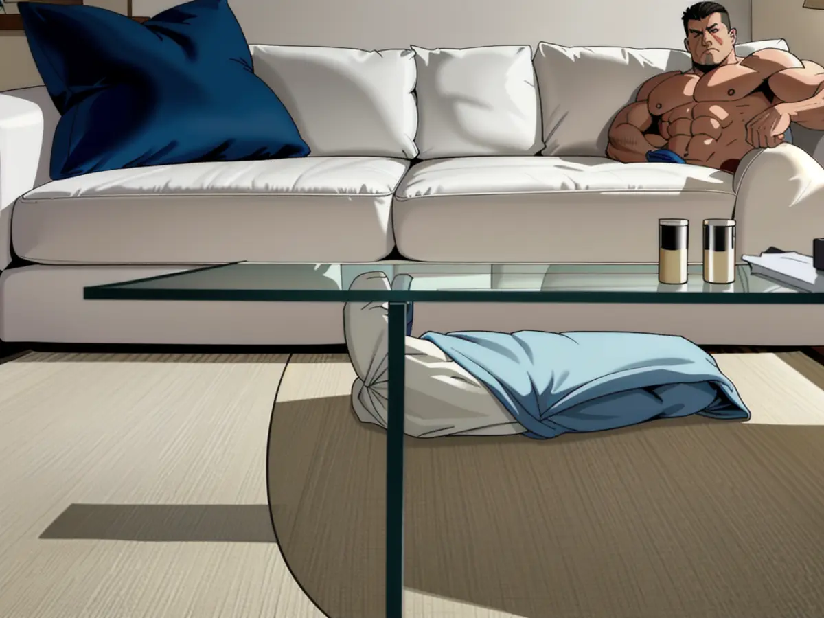 Contemporary lounge featuring transparent coffee table, assortment of publications, and elaborate vase gracing a cream-hued area rug, aligned before a stylish couch boasting both dark and light cushions. Contemporary lounge featuring glass coffee table, assorted reading materials, and ornamental vase resting on a neutral-toned rug, all set against a backdrop of a well-appointed sofa with contrasting throw cushions.