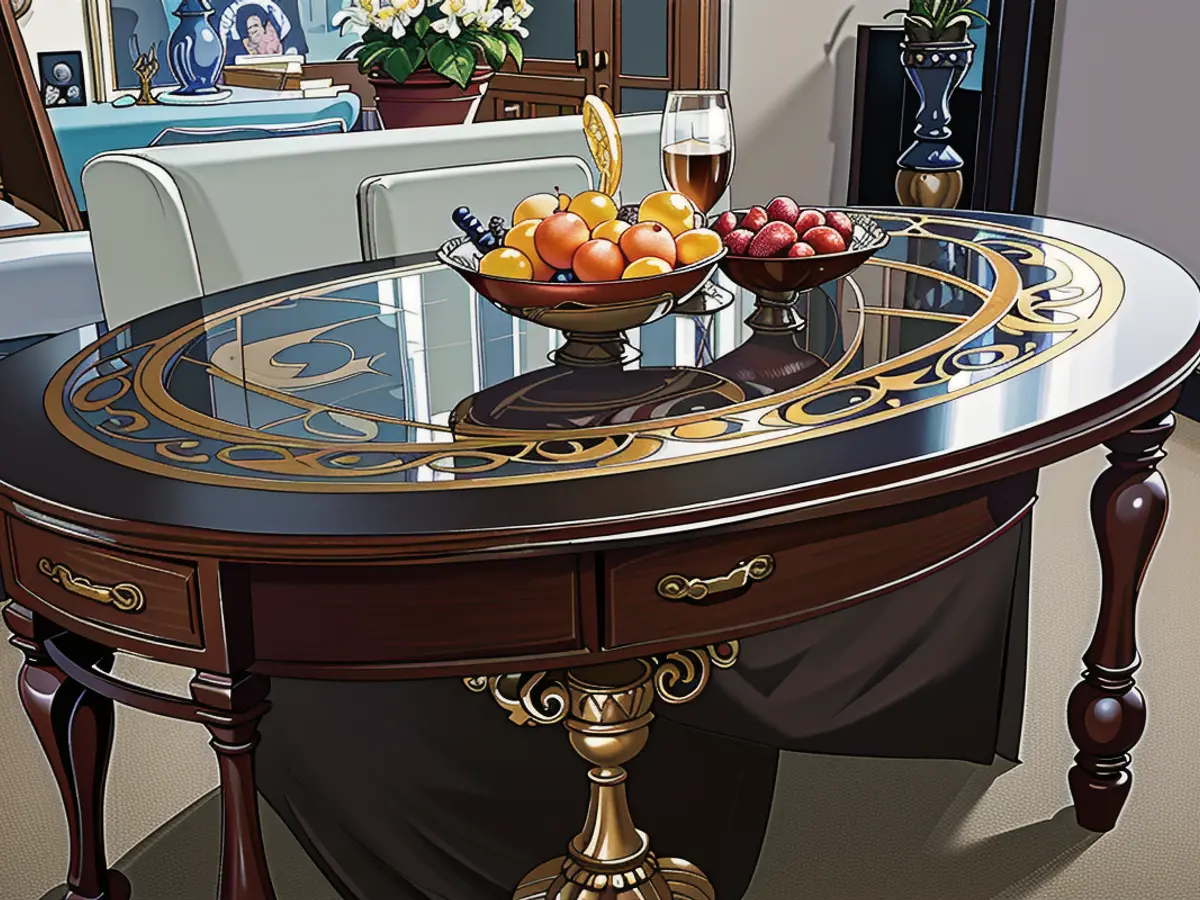Decorative coffee table boasting a wooden body, glass top, intricate leg design, and a decorated fruit bowl serving as its centerpiece, positioned in a comfy living room ambiance Stylish wooden coffee table with glass surface, adorned legs, and a centerpiece of fruits showcased in a warm and inviting living area.