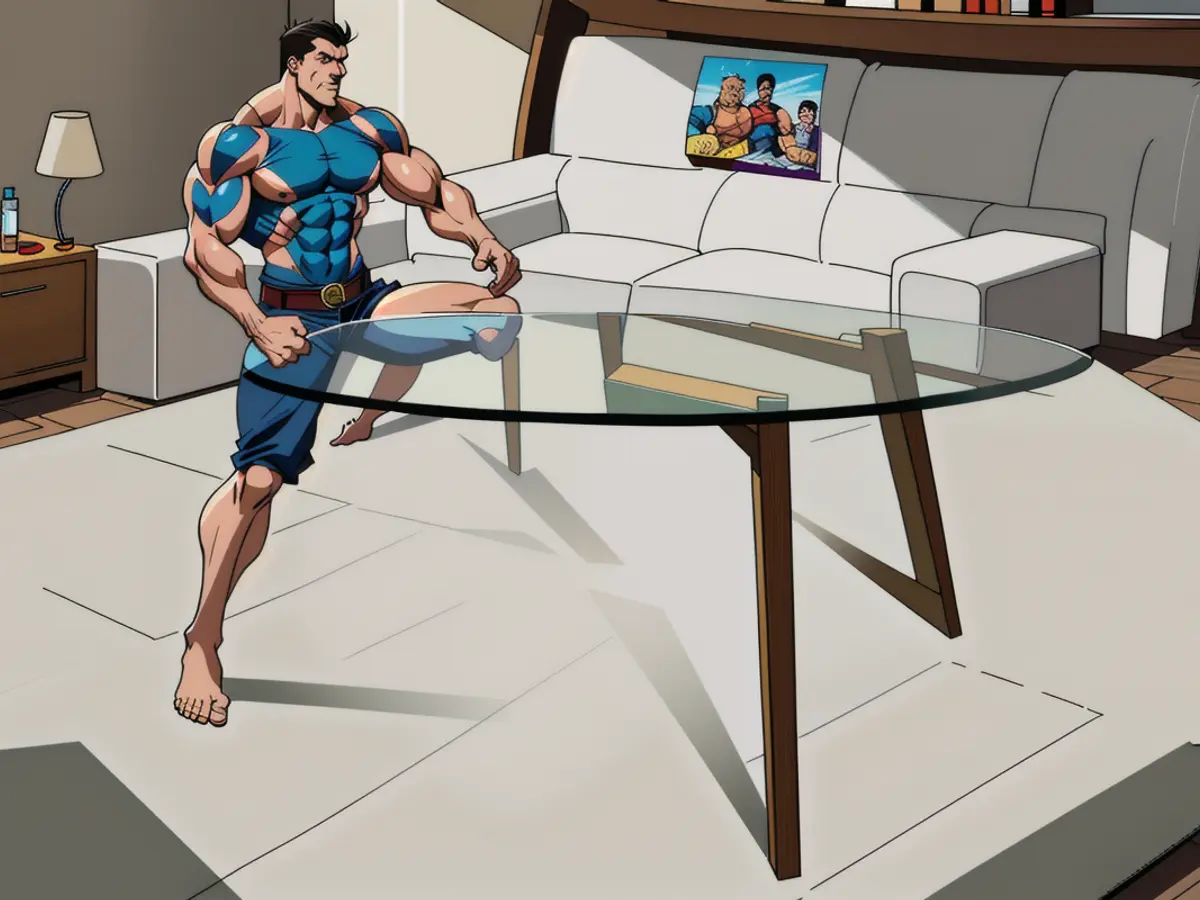 Modern living room featuring a glass coffee table supported by wooden legs, adorned with an open magazine and a mug. Modern living room featuring a table crafted from glass and wooden legs, adorned with an open magazine and a mug.